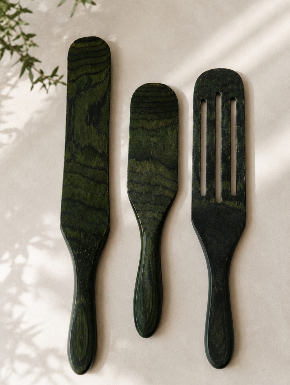 Vintage Green Stained Wooden Kitchen Utensil Set MCM Cottagecore Farmhouse 3 Pc